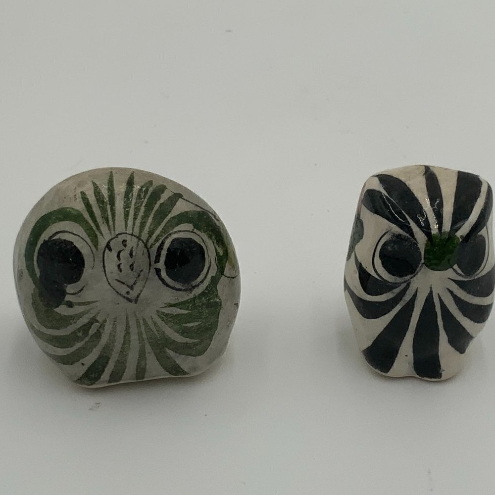 2 Tonala Mexican Pottery Owls Sculpture Ceramics Hand Painted